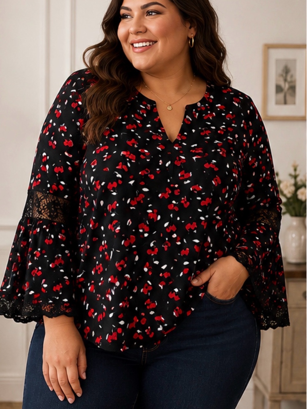 Lane Bryant 22/24 Cherry Print Blouse Black Red Lace Bell Sleeve Plus Size